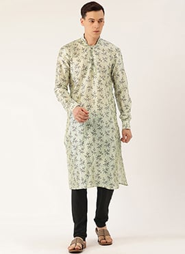 Off White Art Silk Kurta Set With Straight Pant
