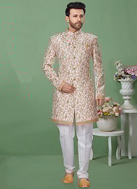 Off White Art Silk Wedding Classic Sherwani