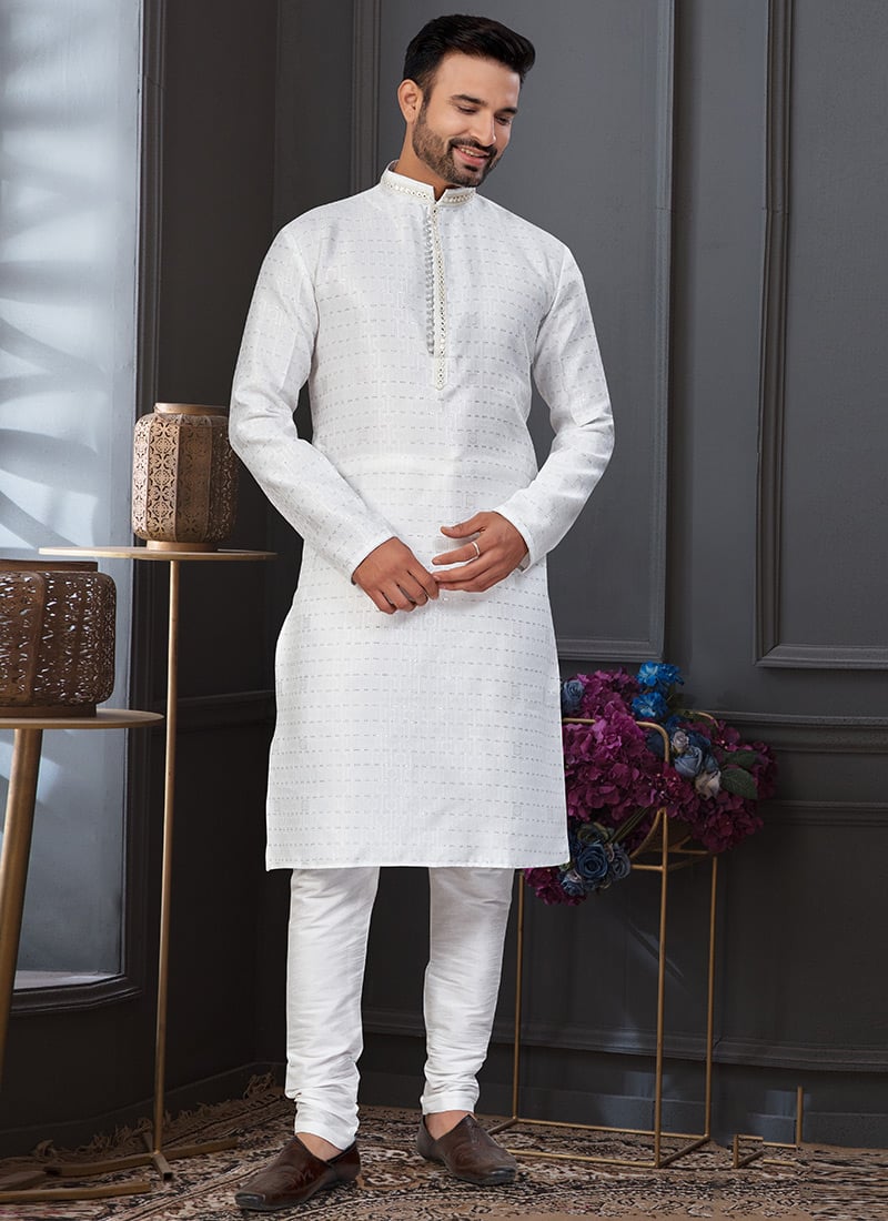 Off white Banarasi Jacquard And Sequins Silk Kurta Pyjama Festive Wear