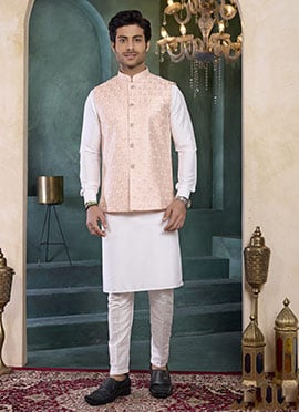 Off White Banarasi Silk Embroidered Sequins Bandi Set