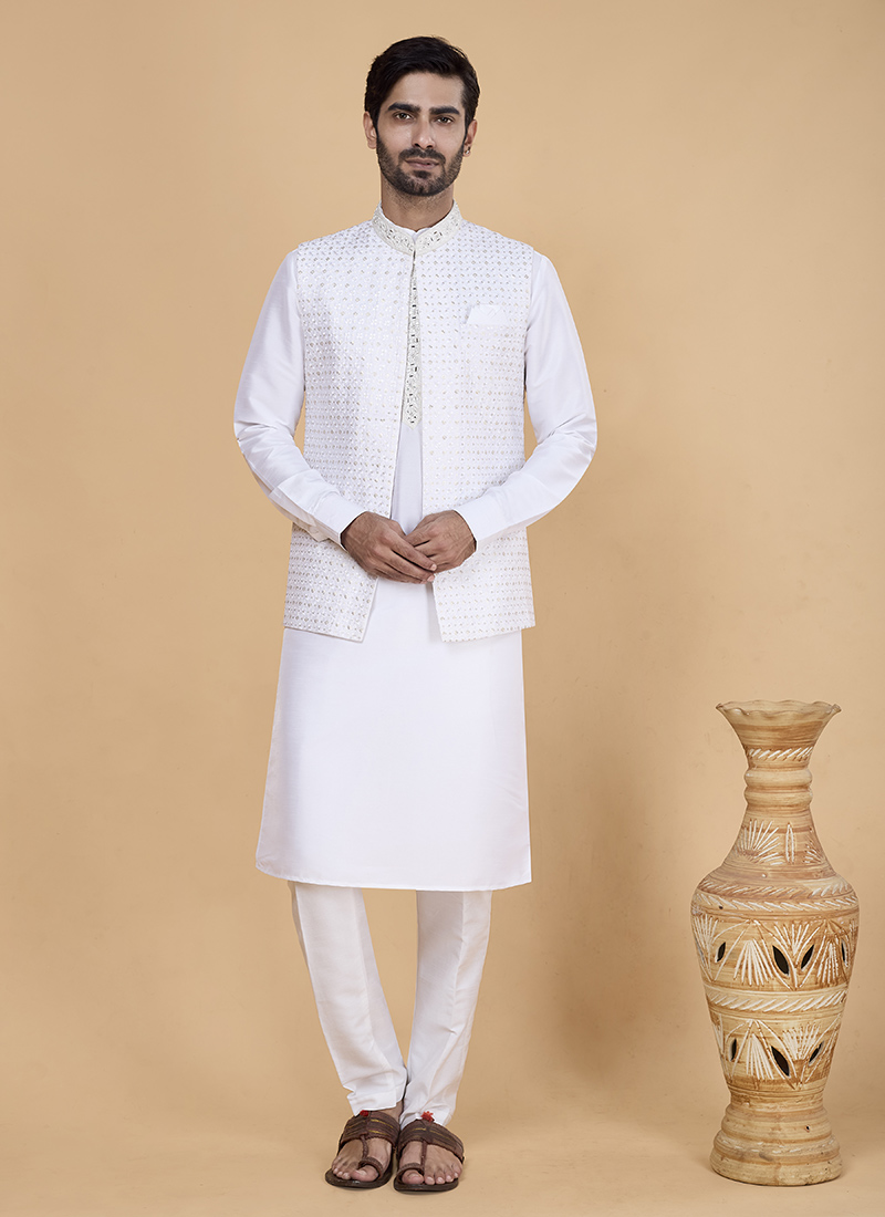 Off White Banarasi Silk Embroidered Sequins Bandi Set Festive Wear