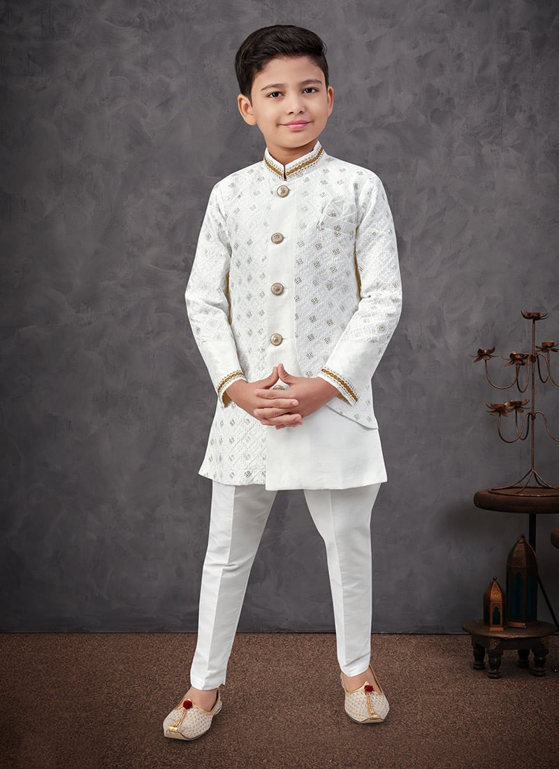 Off White Banarasi Silk Embroidered Sequins Boys Indowestern Sherwani