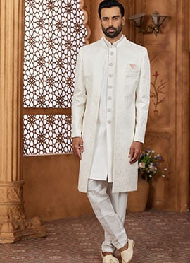 Off White Banarasi Silk Embroidered Sequins Hand Work Indowestern Sherwani