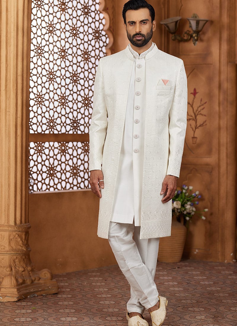 Off White Banarasi Silk Embroidered Sequins Hand Work Indowestern Sherwani Wedding Wear
