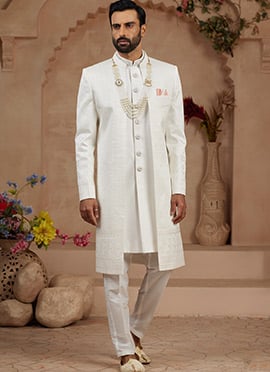Off White Banarasi Silk Embroidered Sequins Hand Work Indowestern Sherwani