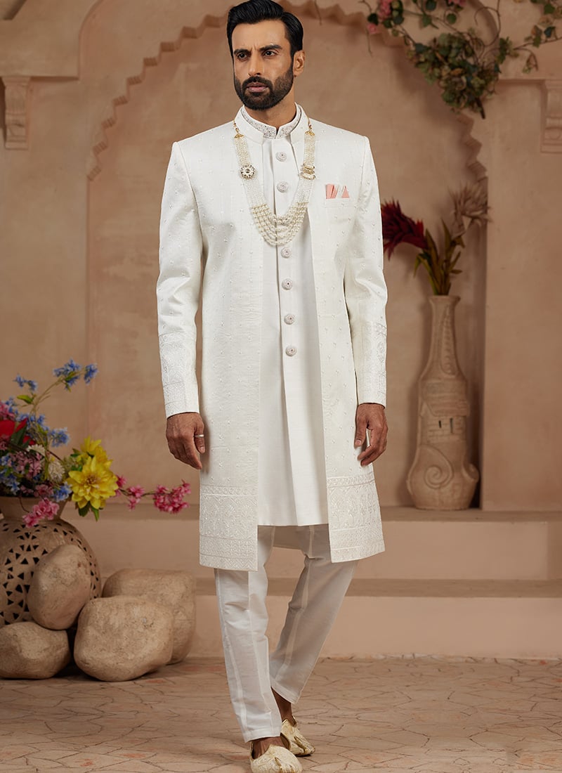 Off White Banarasi Silk Embroidered Sequins Hand Work Indowestern Sherwani Wedding Wear