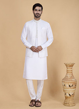 Off White Banarasi Silk Embroidery Work Jacket Bandi Set