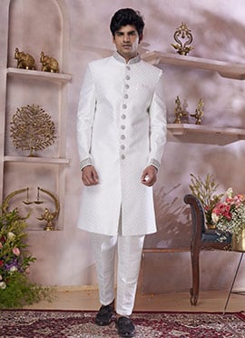 Off White Banarasi Silk Jacquard Indowestern Sherwani