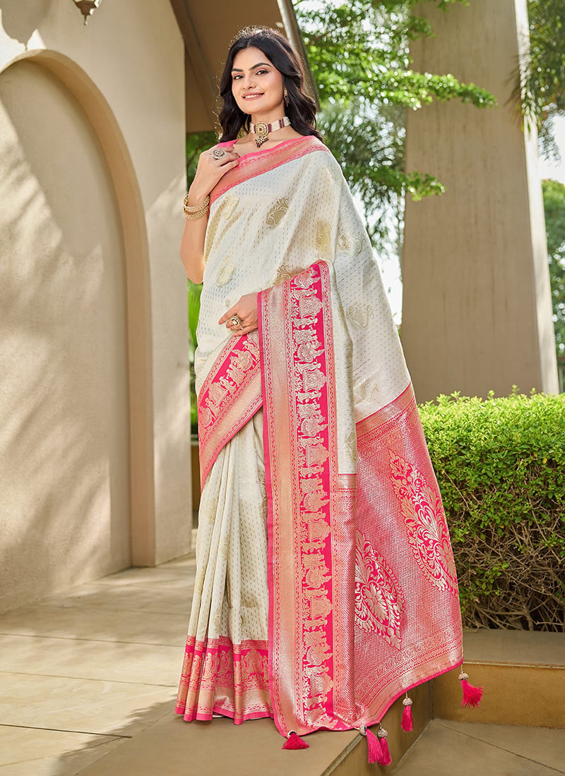 Off white Banarasi Silk Jacquard Woven Saree Festive Wear