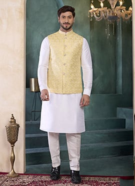 Off White Banarasi Silk Sequins Embroidered Bandi Set