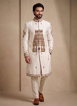 Off White Beaded Silk Indowestern Sherwani