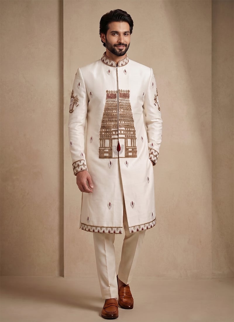 Off White Beaded Silk Indowestern Sherwani Wedding Wear