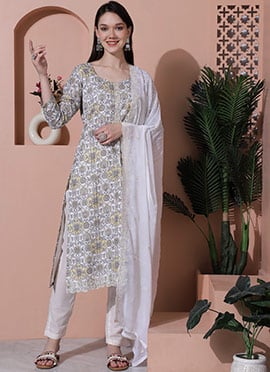 Off White Blended Cotton Digital Print Straight Pant Suit