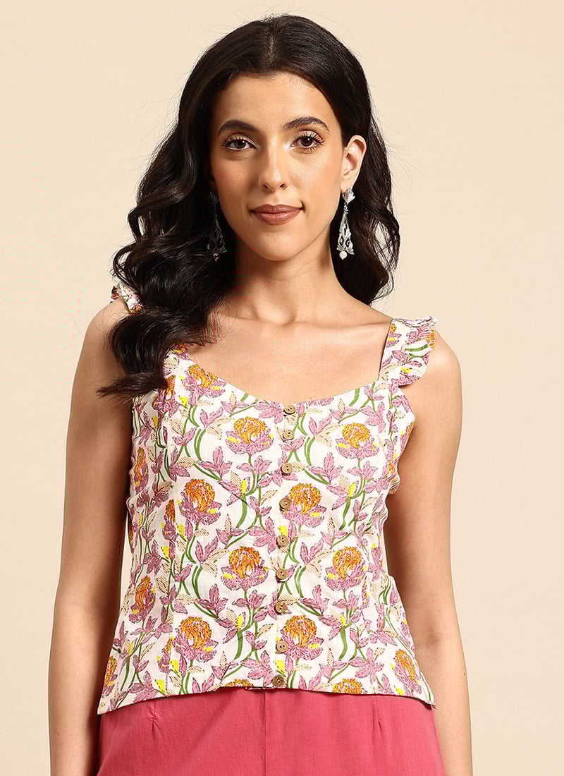 Off White Blended Cotton Printed Blouse After Six Wear