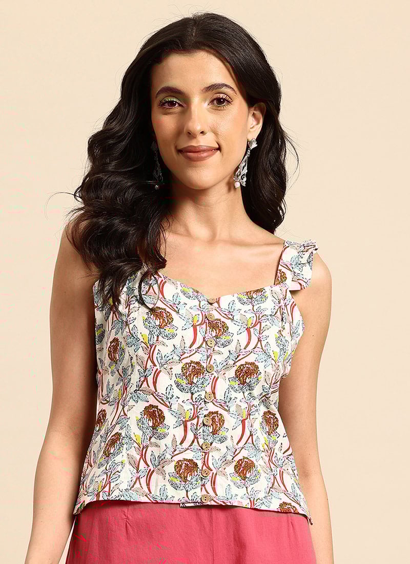 Off White Blended Cotton Printed Blouse After Six Wear