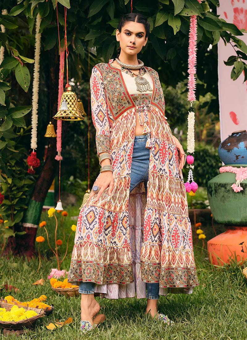 Off White Blended Cotton Printed Kutch Work Indowestern Jacket Set  Festive Wear