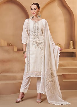 Off White Blended Cotton Stripe Embroidered Work Straight Pant Suit Festive Wear