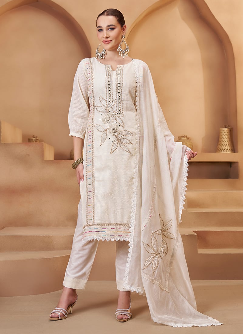 Off White Blended Cotton Stripe Embroidered Work Straight Pant Suit Festive Wear
