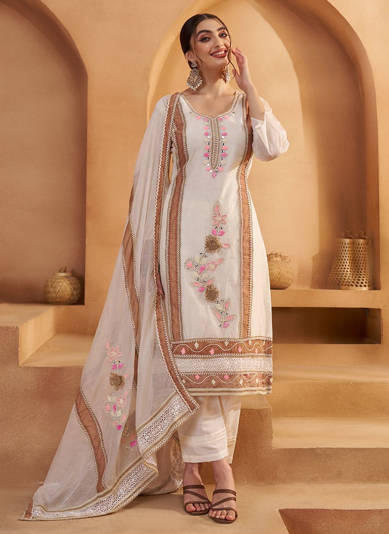 Off White Blended Cotton Stripe Thread  Embroidered Work Straight Pant Suit Festive Wear