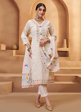 Off White Blended Cotton Stripe Thread Embroidered Work Straight Pant Suit Festive Wear