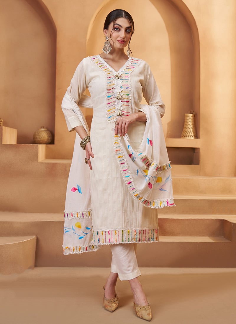Off White Blended Cotton Stripe Thread  Embroidered Work Straight Pant Suit Festive Wear