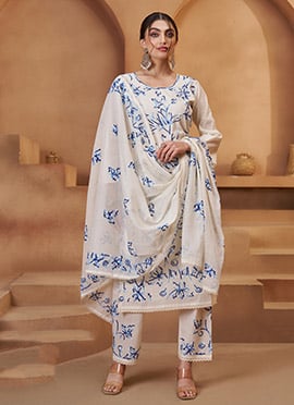 Off White Blended Cotton Thread Embroidered Work Straight Pant Suit Festive Wear