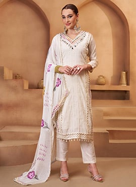 Off White Blended Cotton Thread Embroidered Work Straight Pant Suit Festive Wear