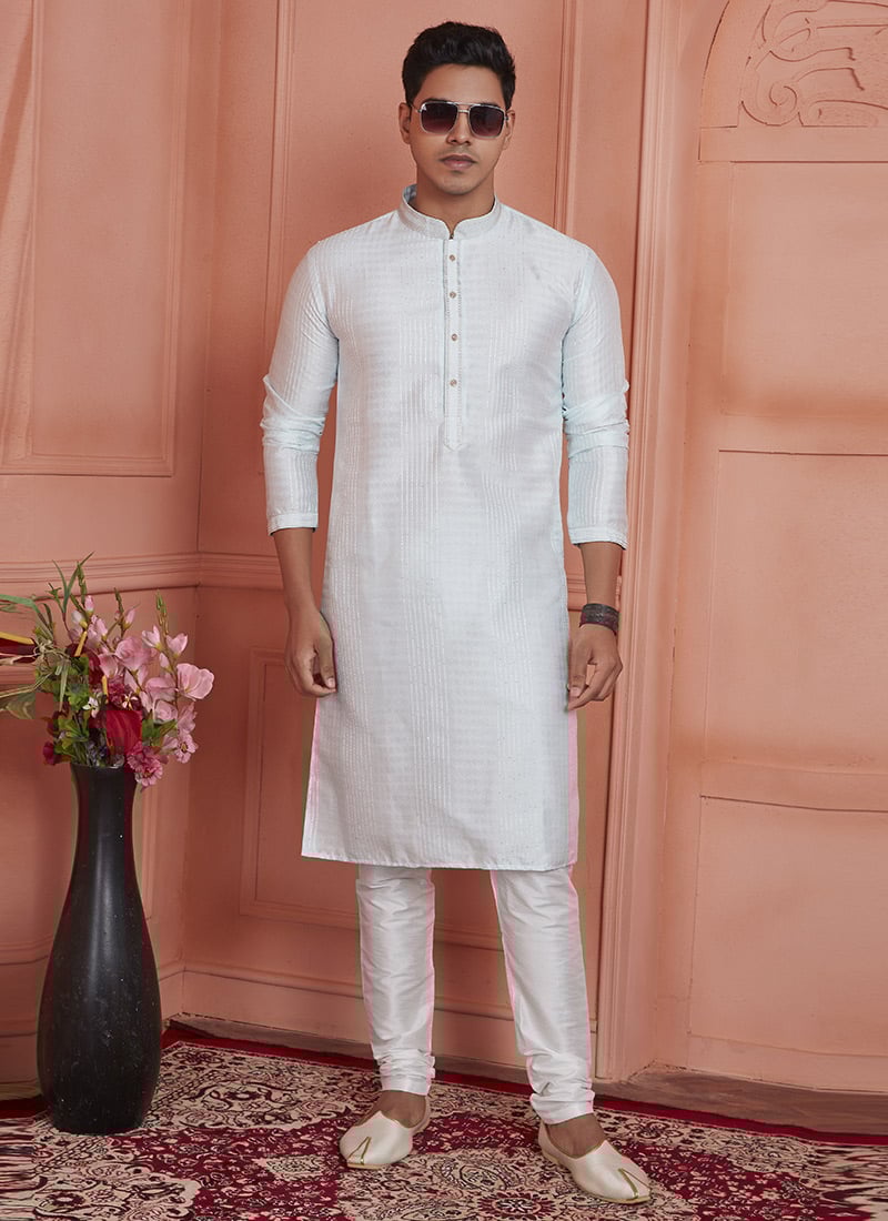 Off White Brocade Jacquard Silk With Zari Work Kurta Pyjama Festive Wear