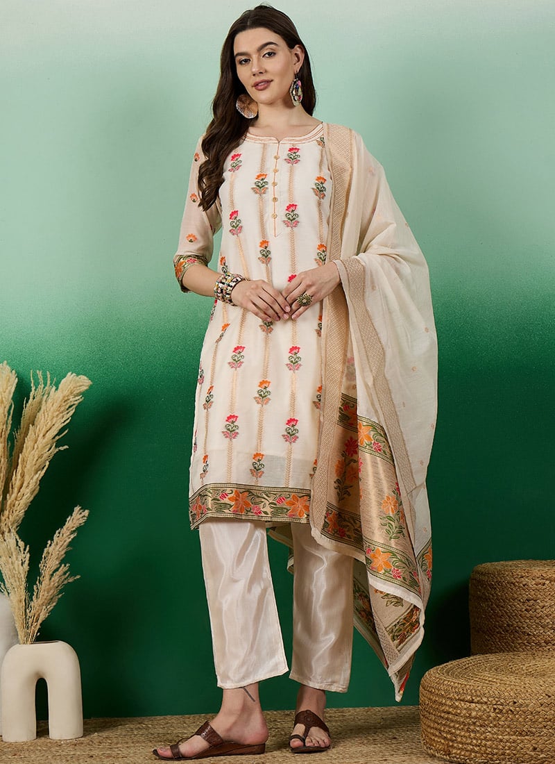 Off White Chanderi Cotton Jacquard Straight Pant Suit Festive Wear