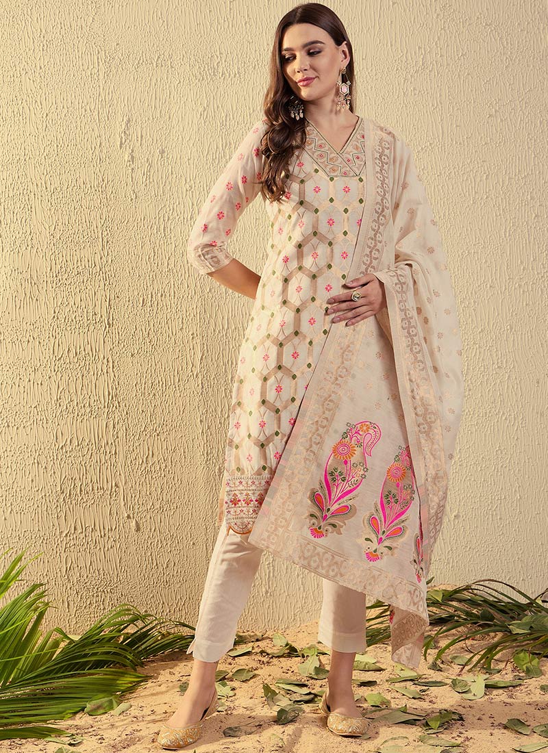 Off White Chanderi Cotton Jacquard Straight Pant Suit Festive Wear