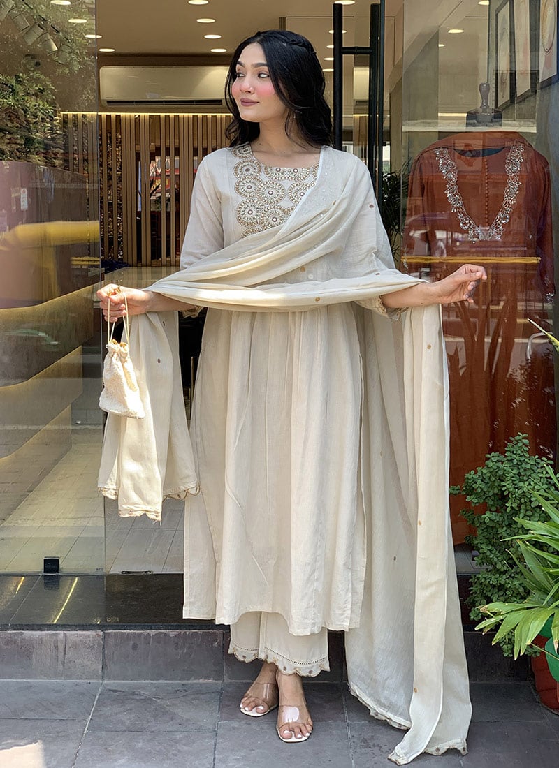 Off White Chanderi Silk  Embroidered Sequin Staright Pant Suit After Six Wear