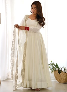 Off White Chanderi Silk Embroidered Anarkali Suit