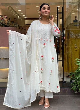 Off White Chanderi Silk Embroidered Printed Anarkali Suit