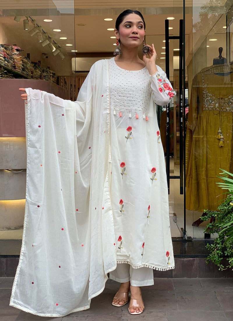 Off White Chanderi Silk Embroidered Printed Anarkali Suit Festive Wear