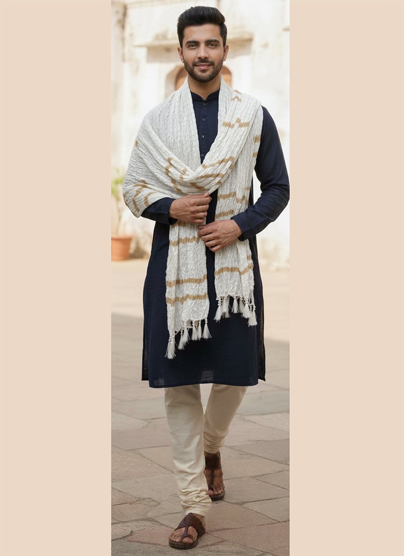 Off White Chanderi Silk Zari Mens Stole