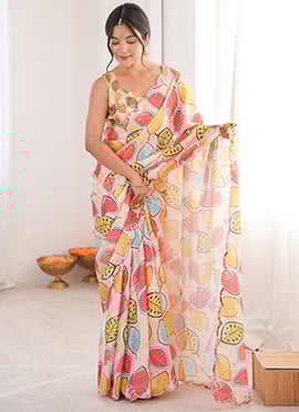 Off White Chinon Digital Print Foil Mirror Cut Work Saree