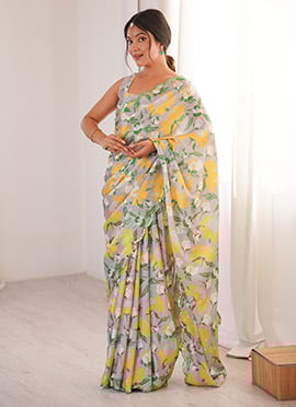 Off White Chinon Digital Print Foil Mirror Cut Work Saree