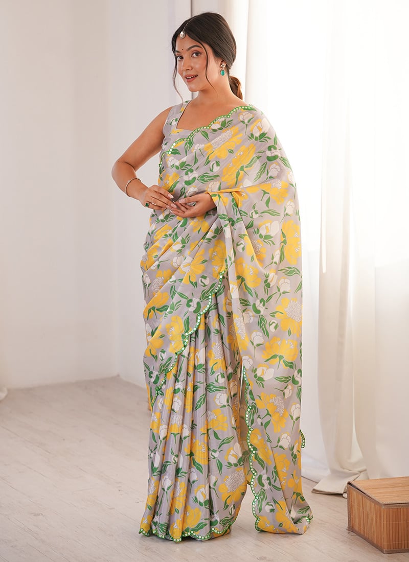 Off White Chinon Digital Print Foil Mirror Cut Work Saree After Six Wear