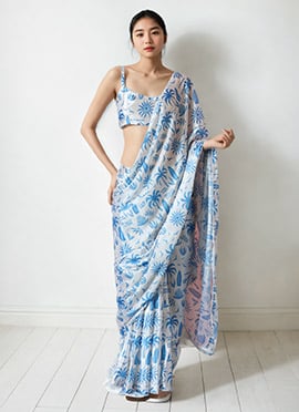 Off White Chinon Digital Print Pre Draped Saree