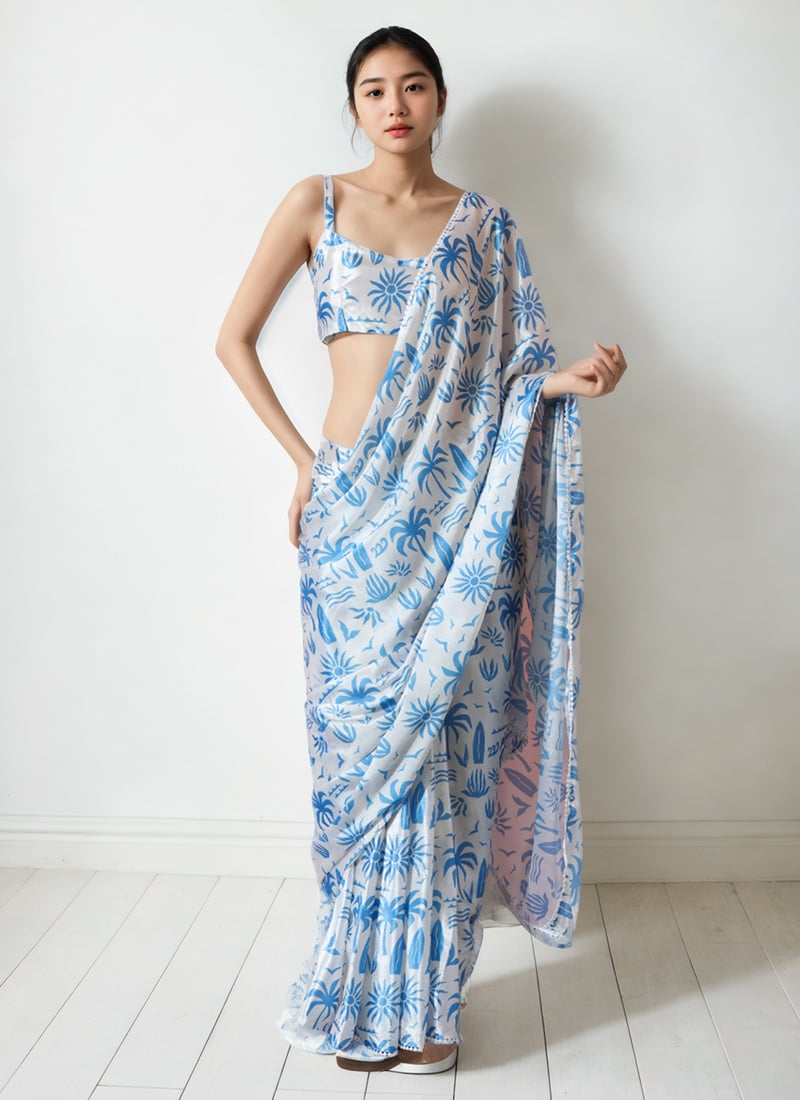 Off White Chinon Digital Print Pre Draped Saree