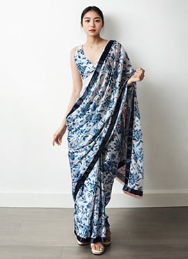 Off White Chinon Digital Print Pre Draped Saree
