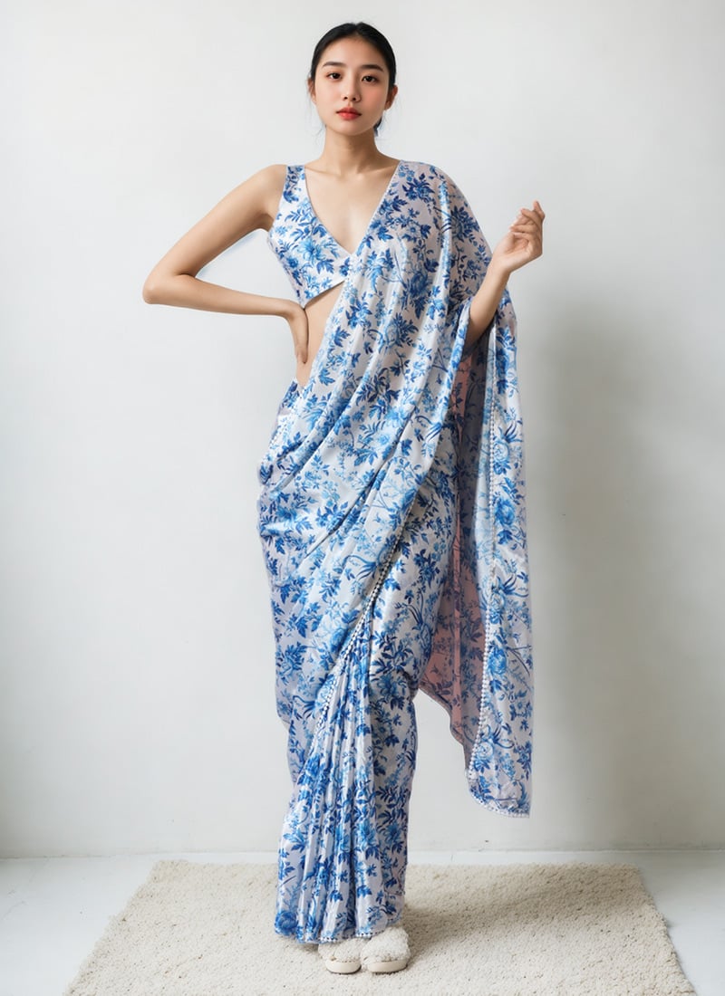 Off White Chinon Digital Print Pre Draped Saree