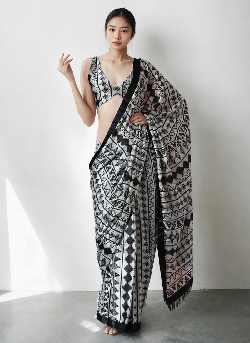 Off White Chinon Digital Print Pre Draped Saree After Six Wear