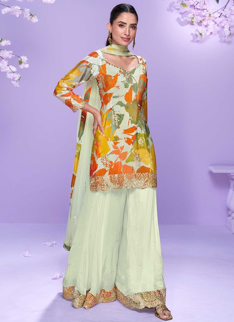 Off White Chinon Digital Print Zari Embroidered Sequins Palazzo Suit Festive Wear