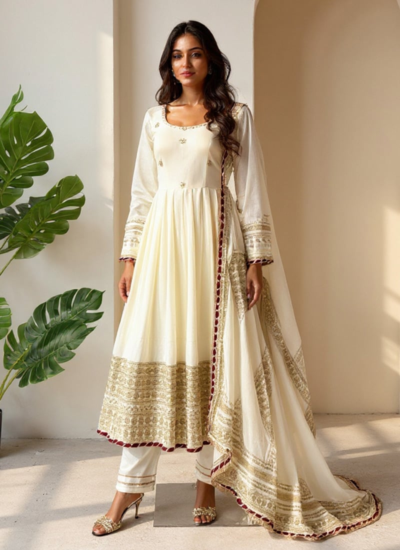 Off White Chinon Embroidered Sequins Anarkali Suit Festive Wear
