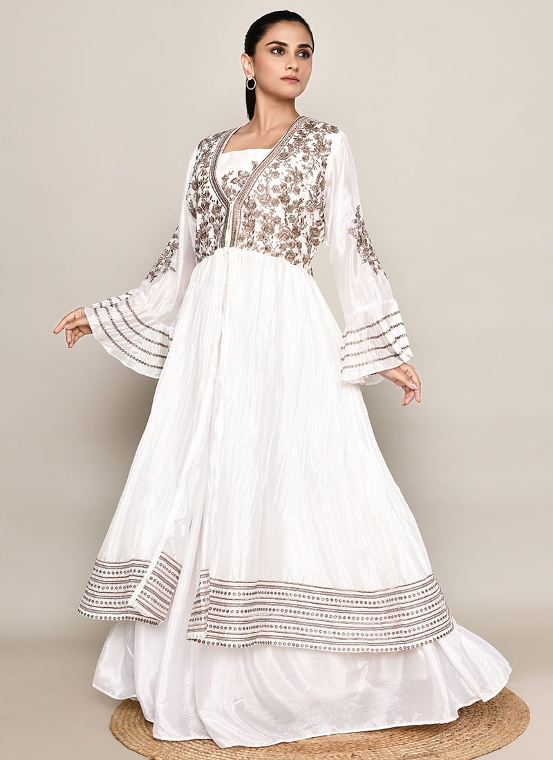 Off White Chinon Embroidered Sequins Indowestern Jacket Lehenga