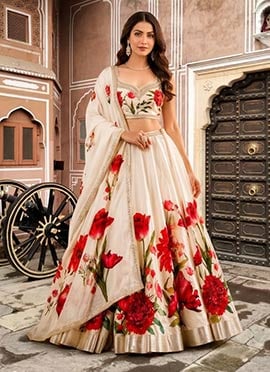 Off White Chinon Silk Cutdana Sequins And Beads Hand Embroidered Digital Print Lehenga