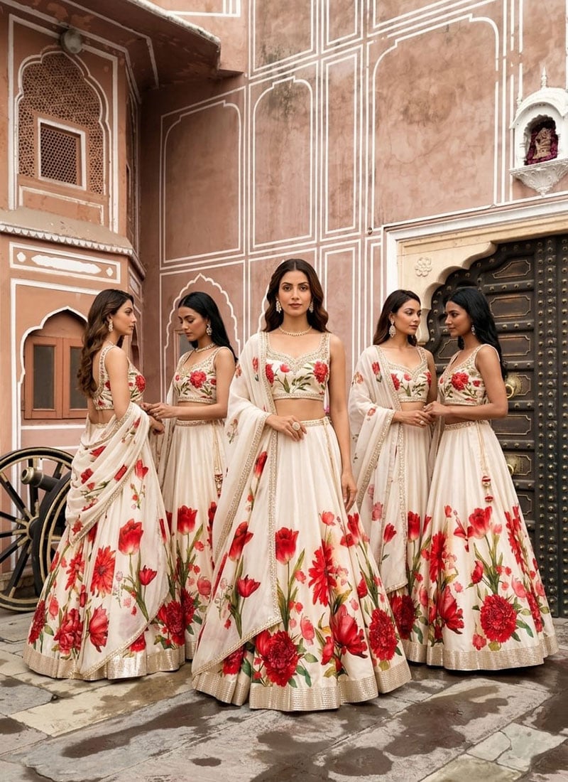 Off White Chinon Silk Cutdana Sequins And Beads Hand Embroidered Digital Print Lehenga Wedding Wear