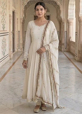 Off White Chinon Silk Embroidered Sequins Anarkali Suit