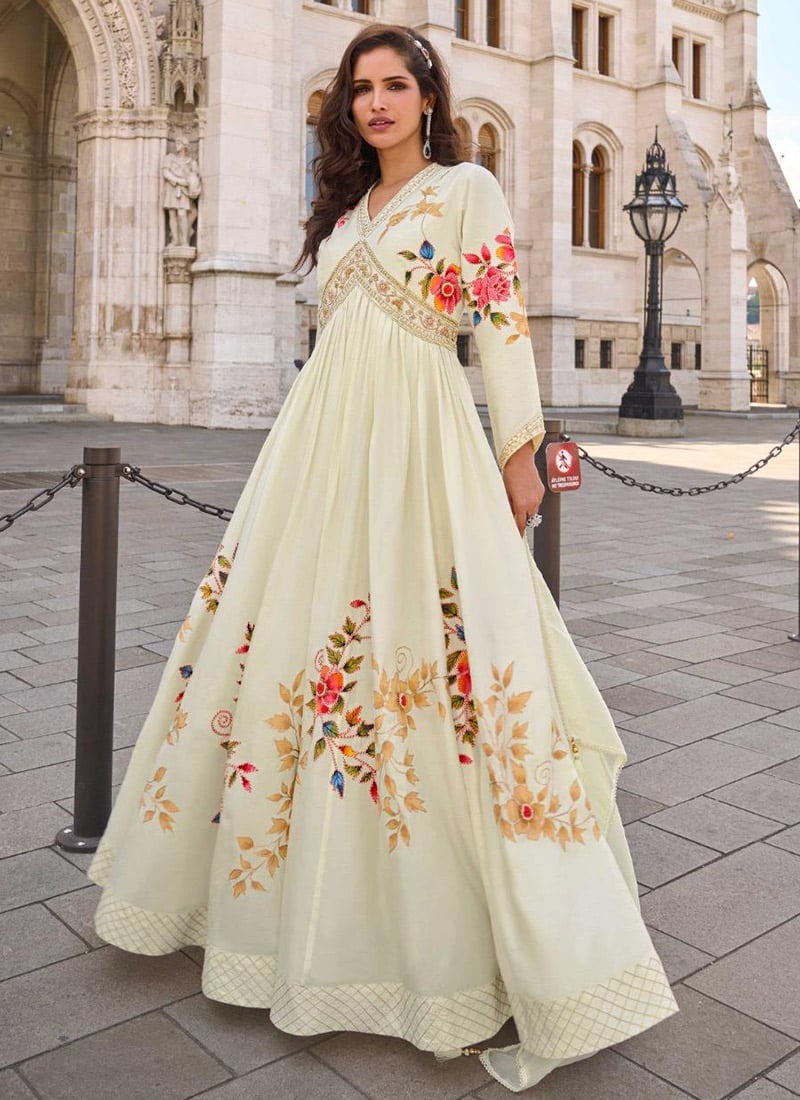Off White Chinon Silk Embroidered Sequins Mirror Work Printed Anarkali Suit Festive Wear
